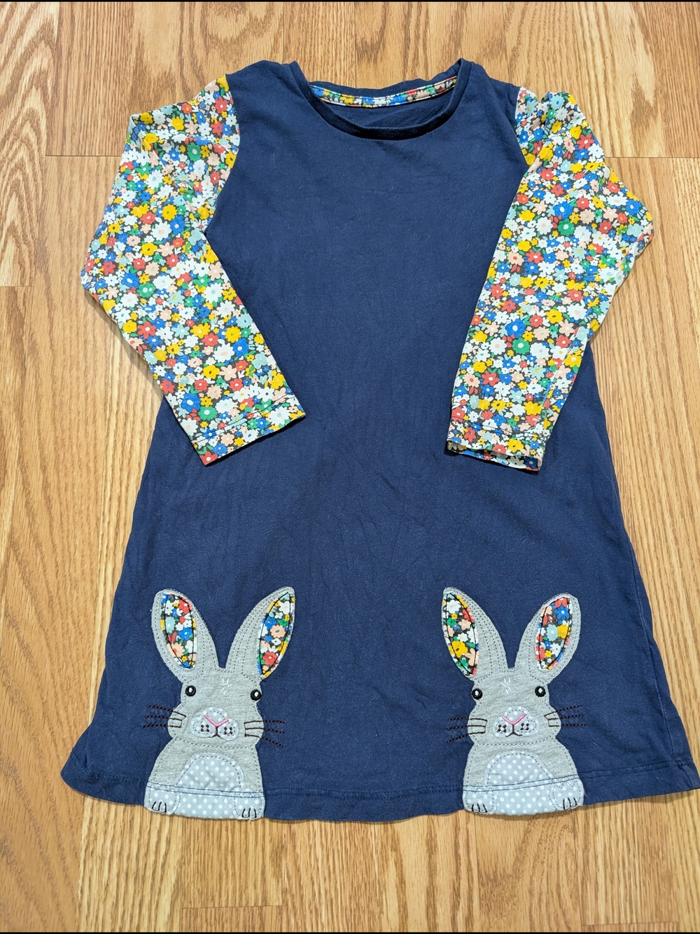 Girls Navy Bunny Appliqué Dress with Floral Sleeves 5